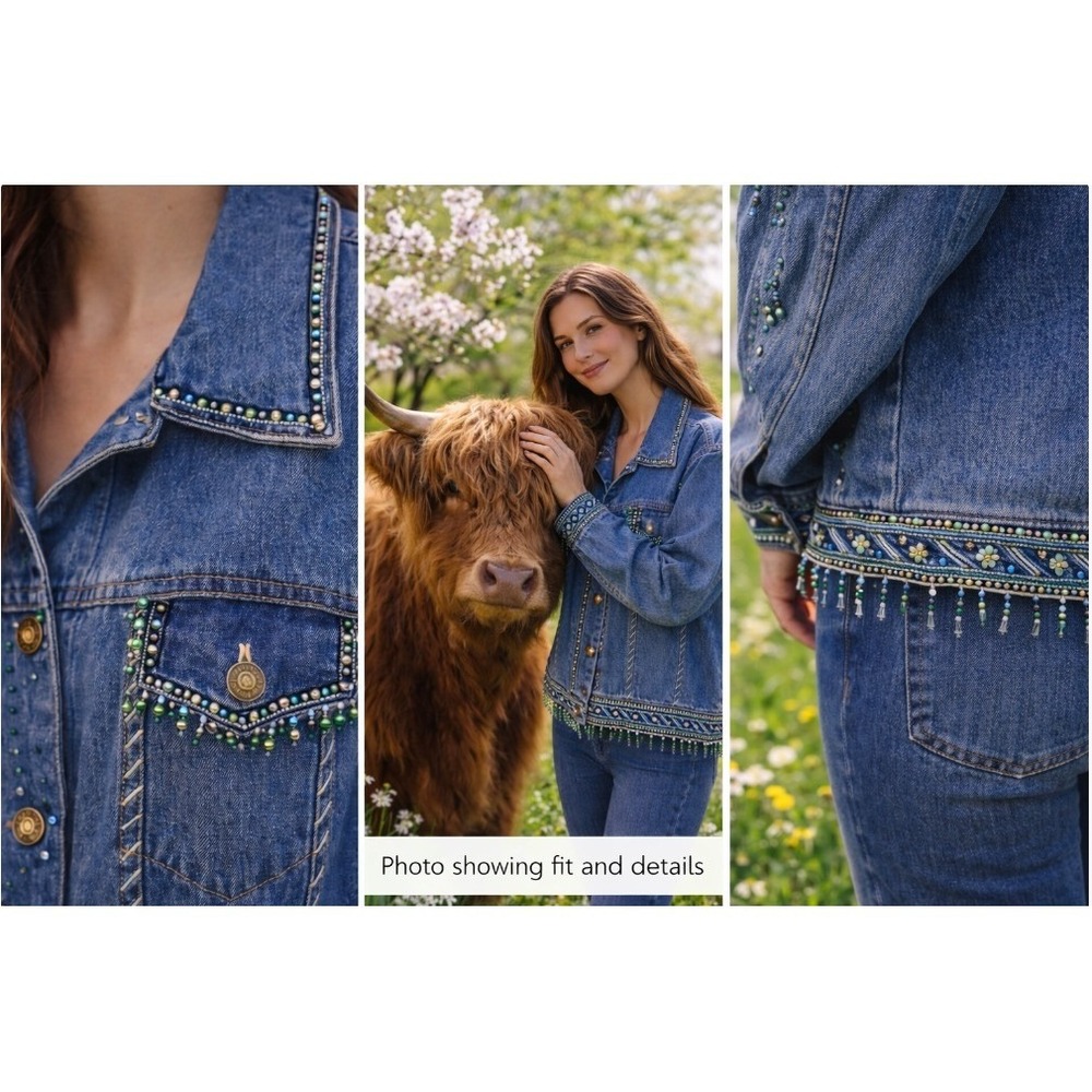 Womens Embellished Denim Jean Jacket‎ Blue Beaded Western Trucker Style L Large